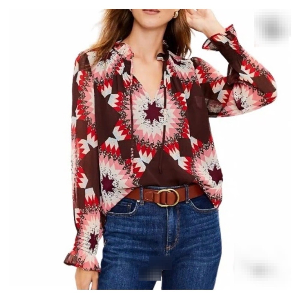 Loft Womens XS Boho Chic 70s revival Chiffon Blouse  Smocked Cuff NWT